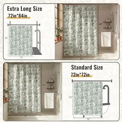 Farmhouse Sage Green Floral Shower Curtain with 12 Clear Rings 72"W x 72"L | Boho Fabric Shower Curtain Set, Vintage Cottagecore Shower Curtain for Bathroom