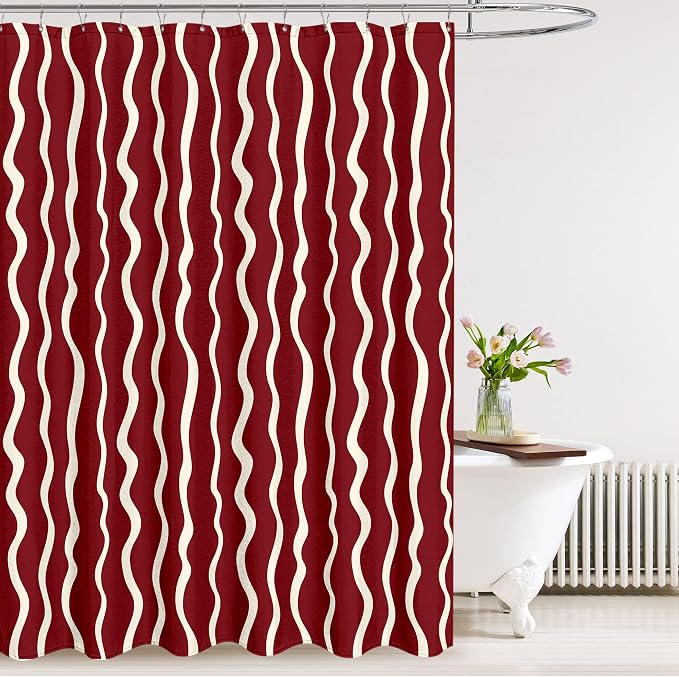 Tititex Cute Curvy Wavy Lines 140gsm Faux Linen Fabric Shower Curtain, Elegant Burgundy Red Wave Striped Shower Curtain Sets Decoration 72x72 Inch with Hooks