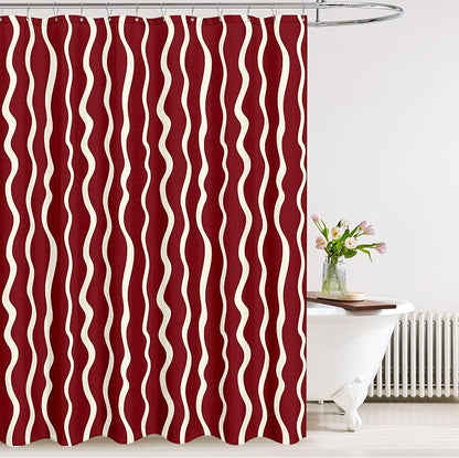 Tititex Cute Curvy Wavy Lines 140gsm Faux Linen Fabric Shower Curtain, Elegant Burgundy Red Wave Striped Shower Curtain Sets Decoration 72x72 Inch with Hooks