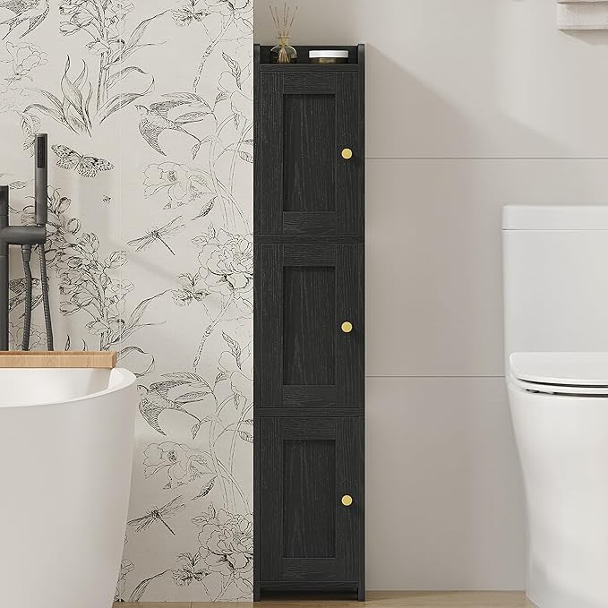 Slim Bathroom Storage Cabinet, Narrow Cabinet with 3 Doors, Small Bathroom Organizers and Storage, Laundry Room Organization for Small Space, Kitchen, Living Room, Black 022304X