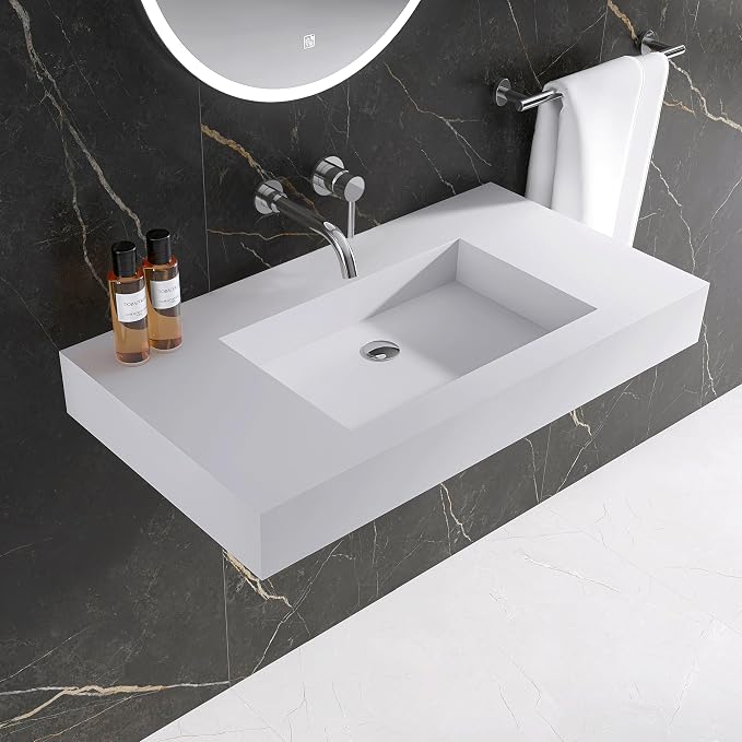 47"X19" Wall Mount Sink without Hole, Stone Bathroom Sink | Matte Bathroom Vanity Vessel Sinks, Artificial Stone Rectangle Floating Sink, Countertop Freestanding Wall Hang Sink Bowl