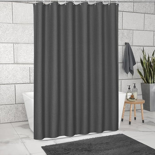 MitoVilla Grey Waffle Small Stall Shower Curtain 36 x 72, Half Size Fabric Narrow Shower Curtains for Bathroom Decor, 36 inch Weighted Shower Curtain Set with Plastic Hooks, Charcoal Grey