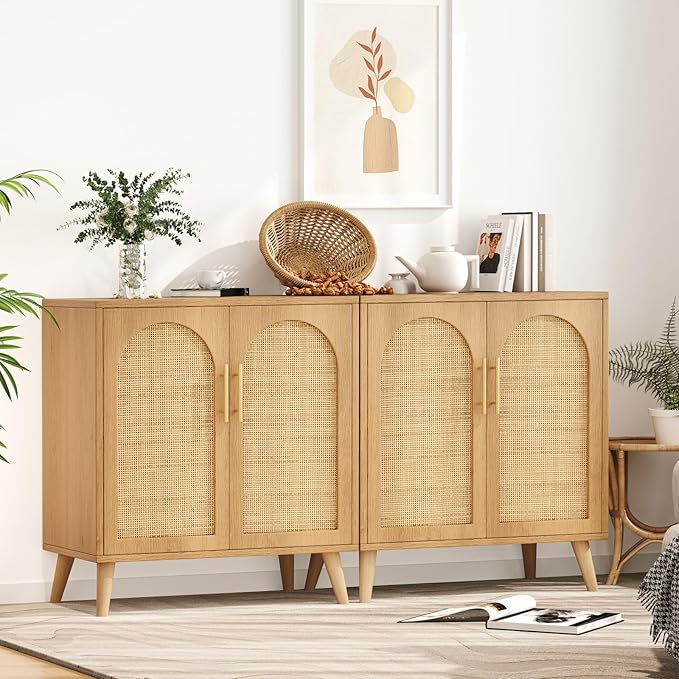 Rovaurx Set of 2 Rattan Storage Cabinet with Doors, Accent Bathroom Floor Cabinet, Modern Sideboard Buffet for Living Room, Entryway, Dining Room and Kitchen, Natural BMGZ108M02 | Set of 2, with Doors