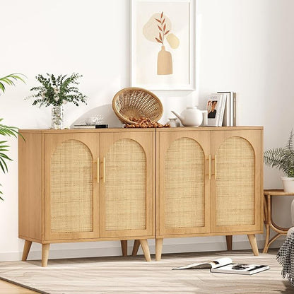 Rovaurx Set of 2 Rattan Storage Cabinet with Doors, Accent Bathroom Floor Cabinet, Modern Sideboard Buffet for Living Room, Entryway, Dining Room and Kitchen, Natural BMGZ108M02 | Set of 2, with Doors
