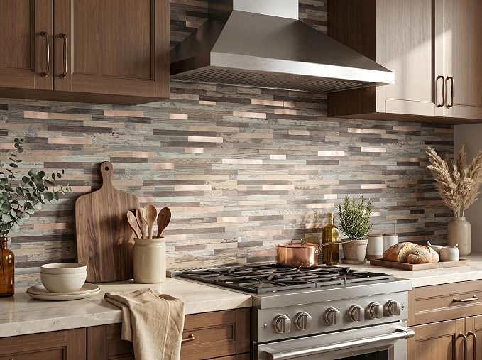 Yipscazo 40 Sheets Peel and Stick Stone Metal Backsplash Tiles, PVC Wall Tiles Stick on Backsplash for Kitchen, Bathroom (6'' X 12'', Rustic Wood)