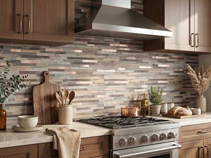 Yipscazo 40 Sheets Peel and Stick Stone Metal Backsplash Tiles, PVC Wall Tiles Stick on Backsplash for Kitchen, Bathroom (6'' X 12'', Rustic Wood)
