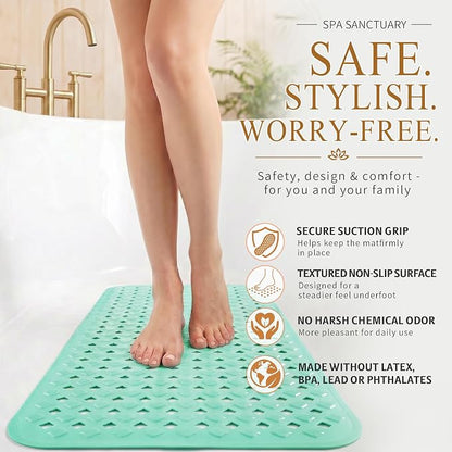 Yimobra Bathtub Mat Non Slip, Super Strong Suction Cups, 27.5"X15.5" Long Shower Mat with Drain Holes, Machine Washable Fast Draining Bath Mats, Bathroom Essentials,MARRS Green