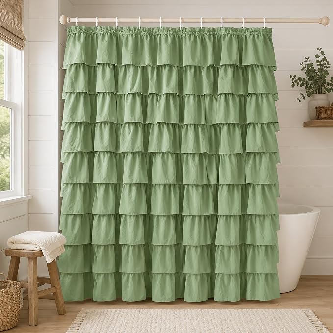 Sage Green Ruffle Shower Curtain for Bathroom, 72x72 inch, 1 Panel | Boho Cottage Chic Style, Soft Microfiber Fabric, Standard-Size Ruffled Curtain, 12 Hooks Included, Machine Washable, Opaque
