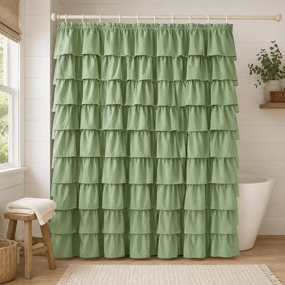 Sage Green Ruffle Shower Curtain for Bathroom, 72x72 inch, 1 Panel | Boho Cottage Chic Style, Soft Microfiber Fabric, Standard-Size Ruffled Curtain, 12 Hooks Included, Machine Washable, Opaque