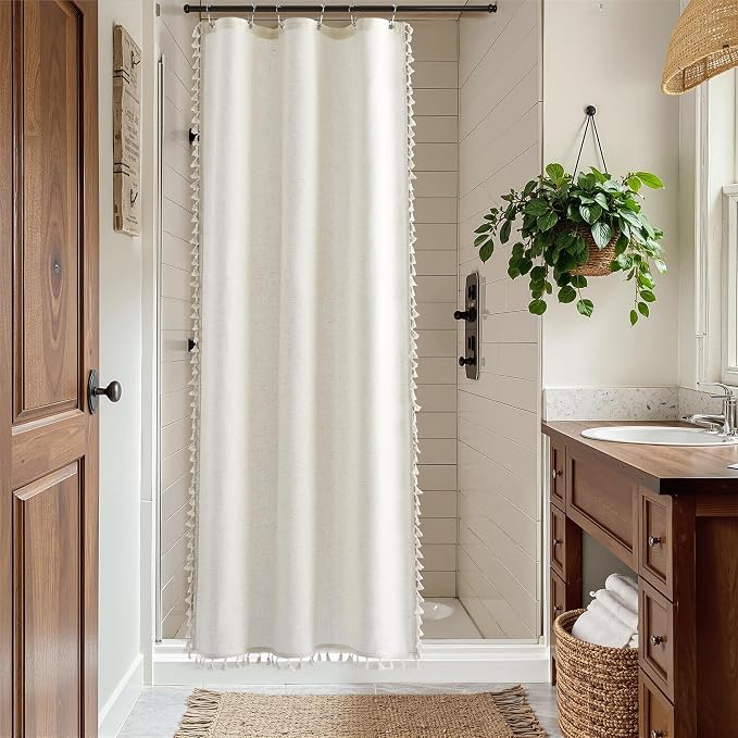Stall Natural Boho Linen Shower Curtain 36 Inch Rustic Cottagecore Narrow Fabric Shower Curtain Set with Hooks for Bathroom Modern Farmhouse Camper RV Tassel Bath Curtain 36x72, Cream