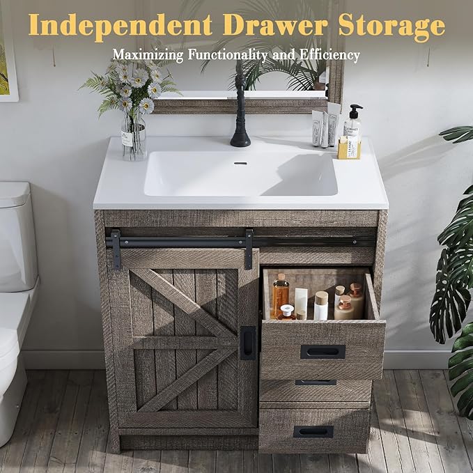 31" Farmhouse Sliding Barn Door Bathroom Vanity with Sink Combo, Bathroom Vanity Cabinet with Drawers & Metal Handles, Freestanding, Gray