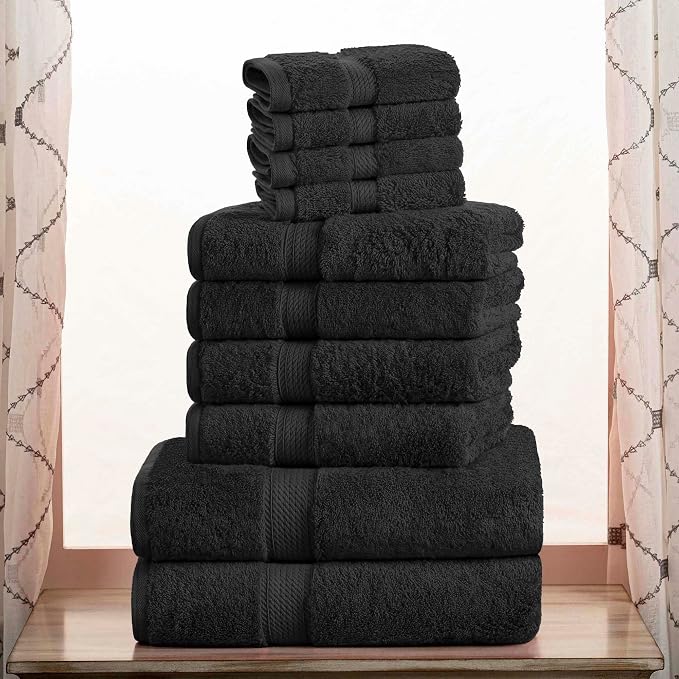 Superior Egyptian Cotton Ultra Plush & Absorbent, 10 Piece Set, Black | Quick Dry, Soft Luxury Towel Set, Bath Essentials, Guest Bath, Spa, 2 Bath, 4 Hand, 4 Face Towels, Madeline Towels