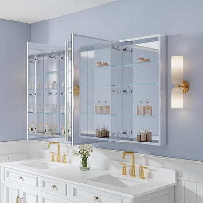 64" x 36" Bathroom Medicine Cabinet with Mirror, Anodized Chrome Aluminum Frame, Surface Mount or Recessed Medicine Cabinet with Mirror, Bathroom Mirror with Storage, Four Doors