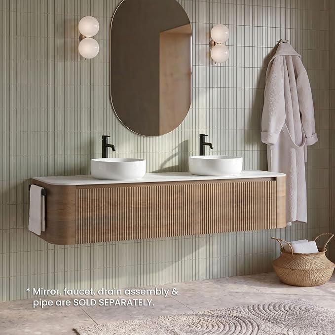 72" Preassembled Double Floating Bathroom Vanity with Round Sink, Oak | Mid-Century Modern Style, Fluted & Soft-Close Drawer with U-shaped Wall, Sinterted Stone Countertop, Towel Rack Included