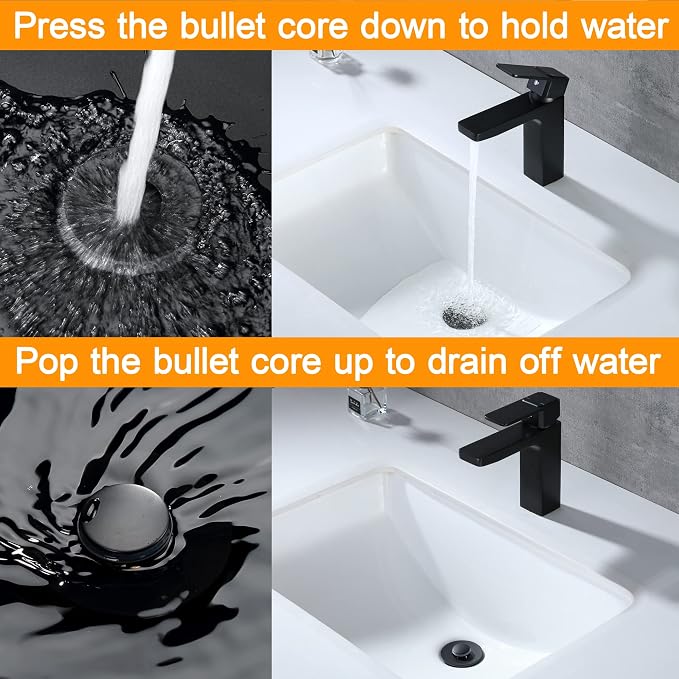 Black Bathroom Sink Drain Stopper, Sink Stopper Fits for 1.25" Drain Hole with 3 Rubber Rings, Anti Clogging Pop up Drain Filter Plug, Wash Basin Strainer with Basket, Matte Black