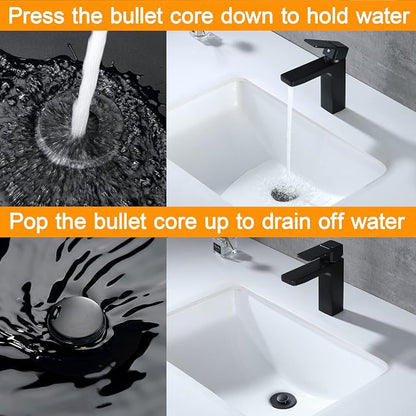 Black Bathroom Sink Drain Stopper, Sink Stopper Fits for 1.25" Drain Hole with 3 Rubber Rings, Anti Clogging Pop up Drain Filter Plug, Wash Basin Strainer with Basket, Matte Black