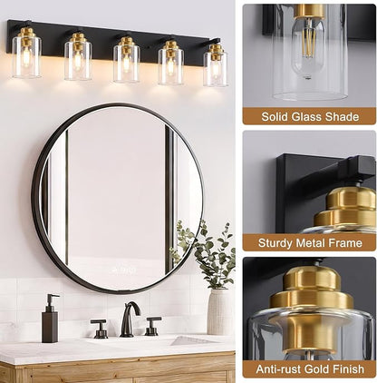 5-Light Black and Gold Bathroom Vanity Light, Clear Glass Shade | 35.4" Wall Mount Over Mirror Lighting Fixtures, Brushed Gold Finish, Durable Metal, Modern Farmhouse Style, for Bathroom