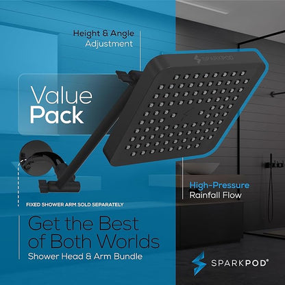 SparkPod 6" Square Rain Shower Head with 11" Shower Arm | Shower Head & Extension Arm Combo, Height Adjustable, High Pressure Performance, Easy 1-Minute Installation, Black Matte