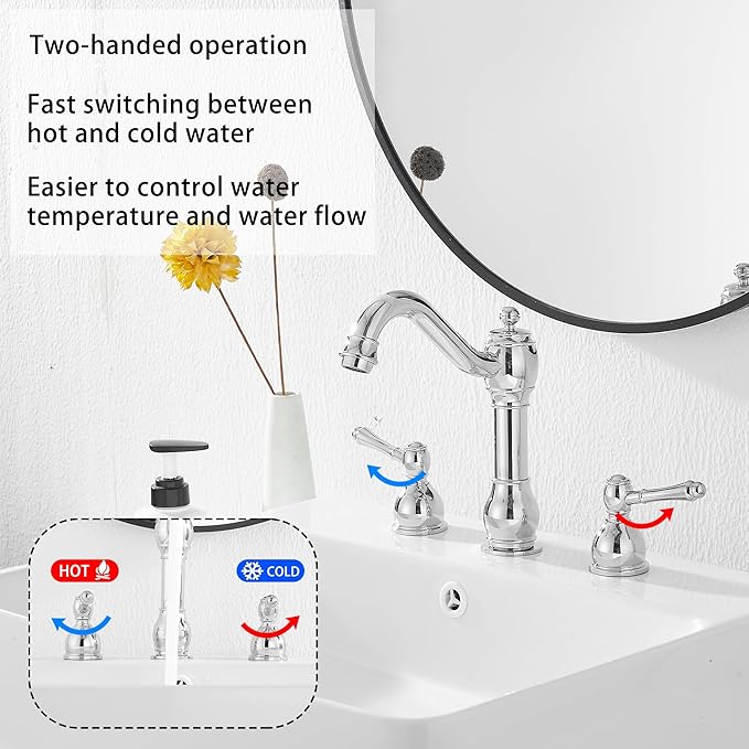 GGStudy 2 Handles 3 Holes Faucet Widespread Bathroom Sink Faucet Basin Tap Mixer Supply Hose Included Matching Pop Up Drain Polished Chrome