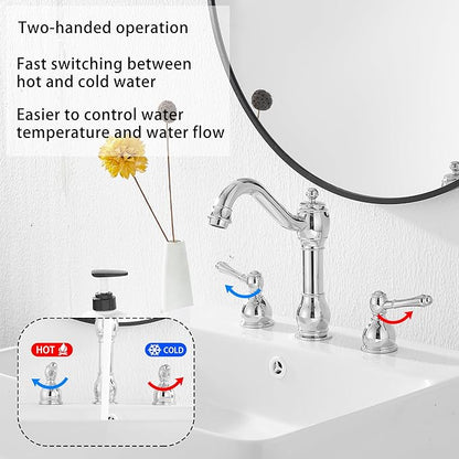 GGStudy 2 Handles 3 Holes Faucet Widespread Bathroom Sink Faucet Basin Tap Mixer Supply Hose Included Matching Pop Up Drain Polished Chrome