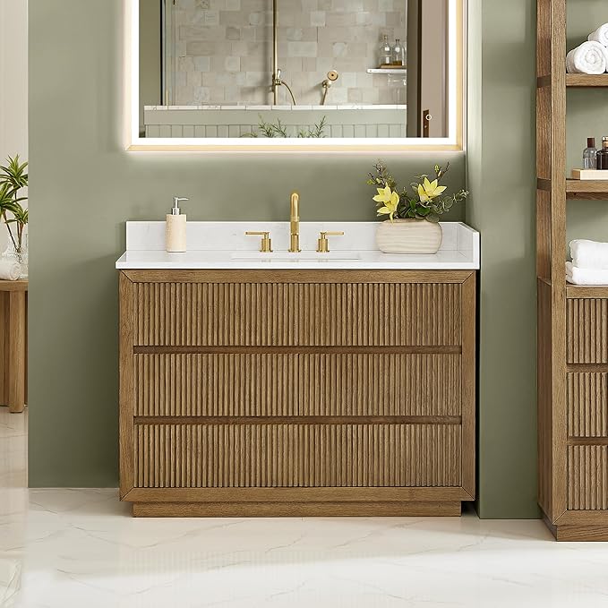 ALTAIR 48 Inch Bathroom Vanity with Sink Single Vanities Brown Pedestal Large Storge Cabinet with Backsplash Sidesplash Ceramic Countertop Mordern Pre-Assembled Bath Fixtures