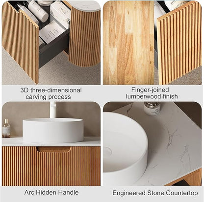 60" Bathroom Vanity with Double Sink, Floating Bathroom Vanities with Ultra-Thin Ceramic Basin and Marble Top, 2 Large Soft-Closing Storage Drawers, Pre-Assembled Cabinet, Nature Wood
