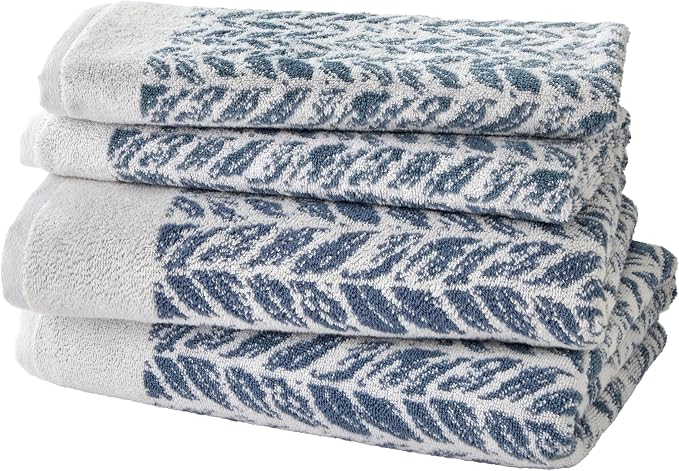 SKL Home Distressed Leaves Bath Towel Set-4pc, Turkish Cotton, Denim Blue | 2 Bath towels, 2 hand towels. 600 GSM weight. Spa-level quality. Soft & absorbent, reversible jacquard.