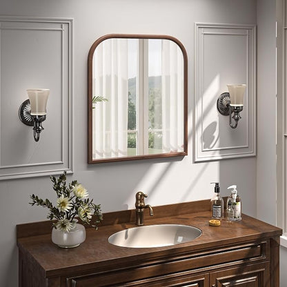 28"x32" Arch Wall Mirror for Wall, Wall Mounted Vanity Mirror for Bedroom, Wood Grain Finish Frame Mirror with Tempered Glass, Vintage Decorative for Bathroom, Entryway, Living Room, Walnut