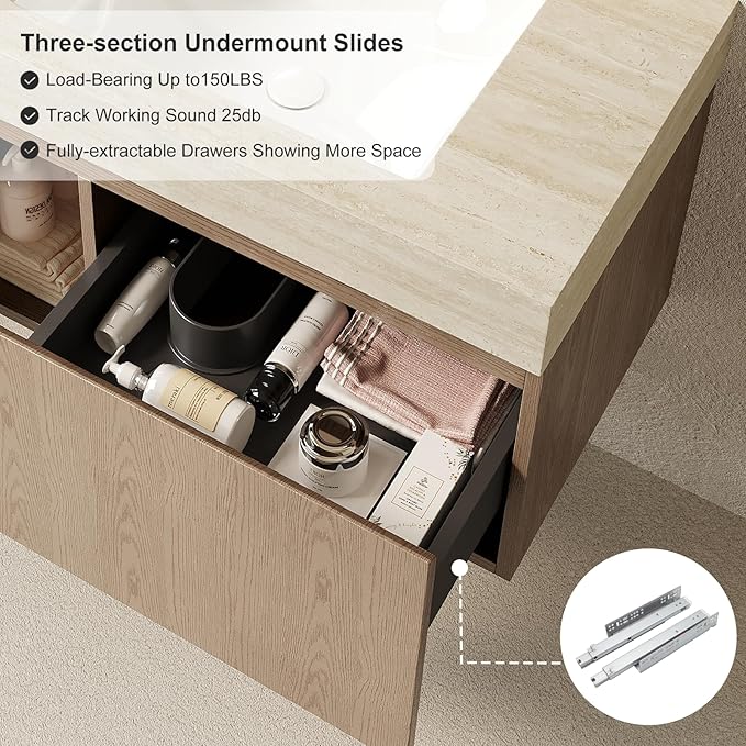 Ambrovina 30" Floating Bathroom Vanity with Sink, Modern Storage Vanities with Drawer and Door, Roma Travertine Top and 3 Pre-drilled Faucet Holes Ceramic Basin, Pre-Assembled Cabinet, Light Brown