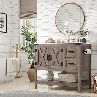 AMERLIFE 36" Farmhouse Bathroom Vanity with Sink Combo, Wood Barn Door Freestanding Small Single Bath Storage Cabinet Set with Sliding Drawers & Open Shelf, Paper Towel Holder, Light Gray