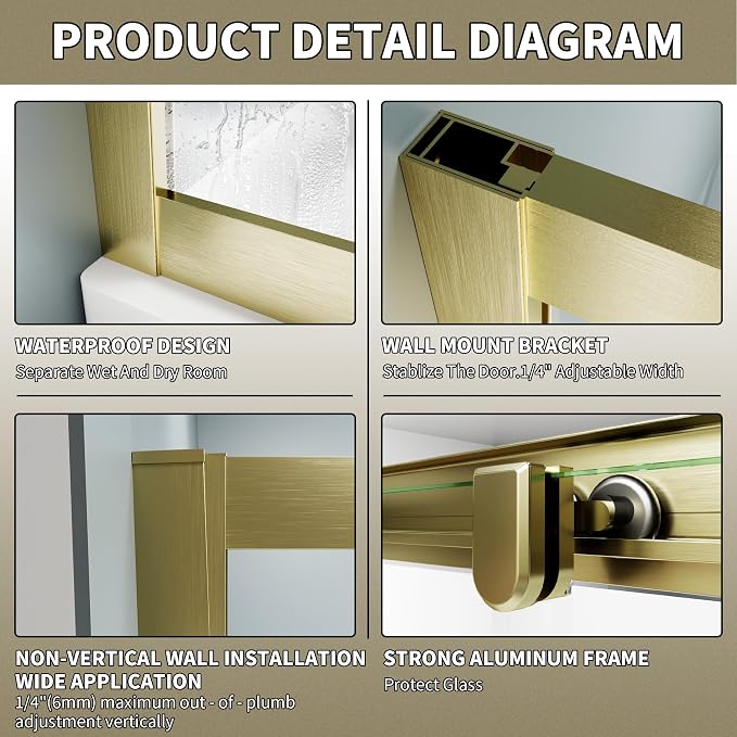 36x36x71-Inch Golden Shower Enclosure, 1/4"(6mm) SGCC Clear Tempered Glass | SGCC-certified, Double Sliding Corner Shower Door, Stainless Steel Handle&Tracks, Easy to Assemble, Base No Included