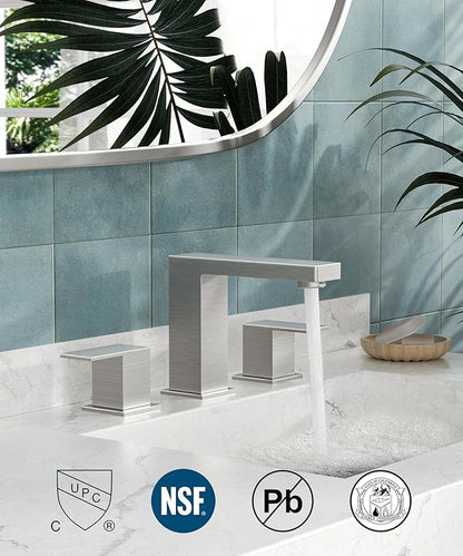QFN Lead-Free Brushed Nickel Bathroom Faucet 3 Hole, Square Bathroom Sink Faucet 8 Inch Widespread, 2 Handle for 6"-12" Vanity Sink with Metal Pop Up Drain and 24" cUPC Supply Hoses