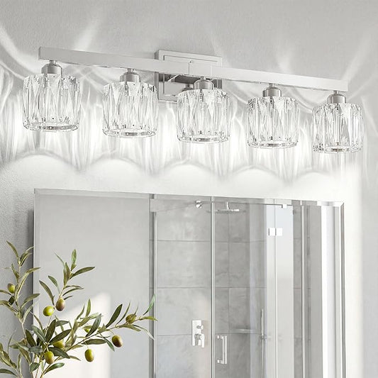 VOLISUN Crystal Vanity Lights for Bathroom, 5 Light Bathroom Vanity Light, Modern Stainless Steel Bathrooms Lights Over Mirror, Chrome Bathrooms Lights Fixtures-UL Certificated(Exclude Bulb)
