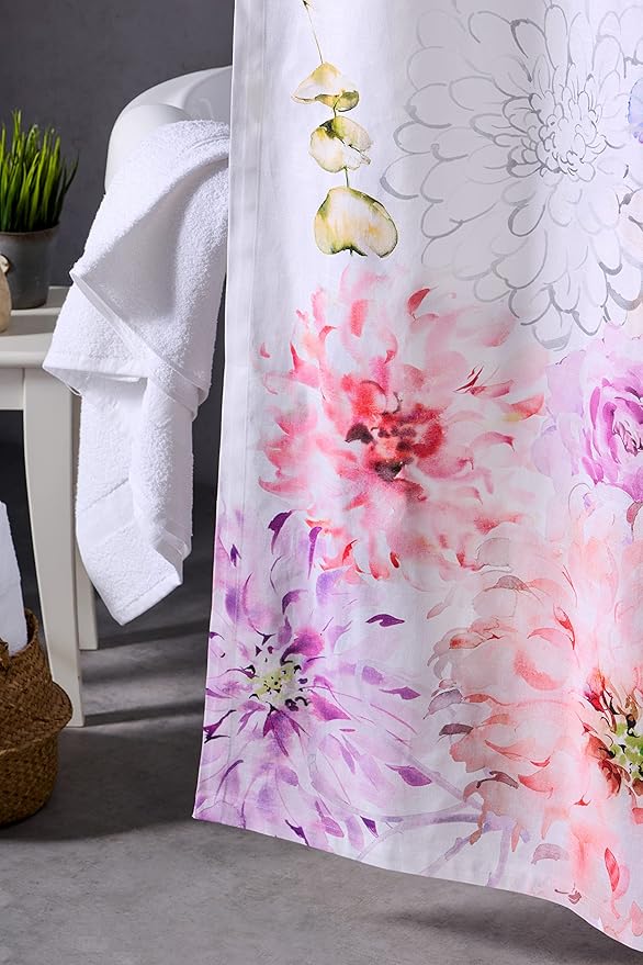 Maison d' Hermine Shower Curtain 100% Cotton One Panel 70"x72" Washable Fabric Shower Curtains for Bathroom, Easy Hanging with 12 Button Holes - Home Hotel Spa Easter Gifts (Floral - White)