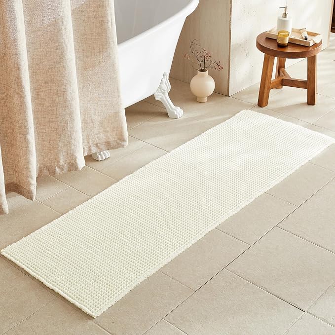 TYUU Cream White Waffle Runner Rug Bathroom, Long Boho Bath Mat, 72x24 | Super Absorbent Quick Dry Bath Rug, Non-Slip Backing, Soft Waffle Washable Farmhouse Bathroom Mats, Tub, Shower & Home Decor