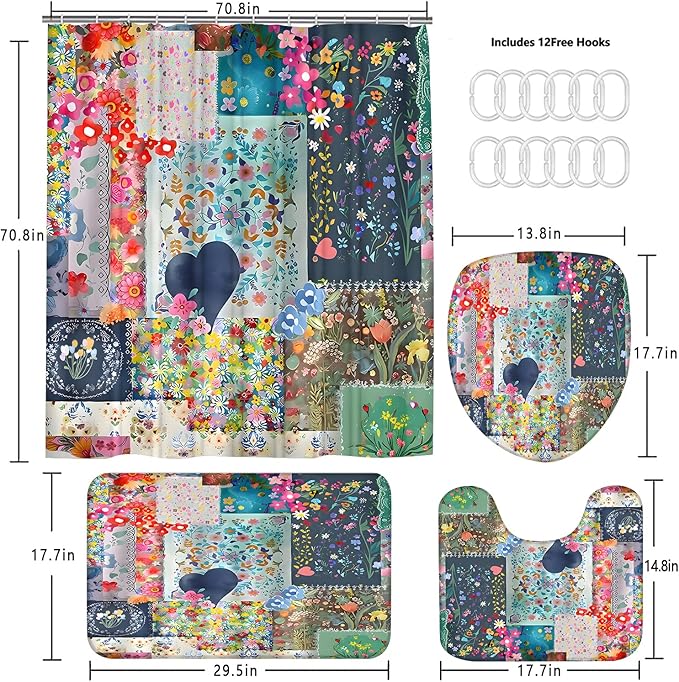 4-Piece Boho Floral Shower Curtain Bohemian Wildflower Design Bathroom Set with Shower Curtain and Rugs, Cute Fun Decorative Bath Set with Hooks for Home Decor