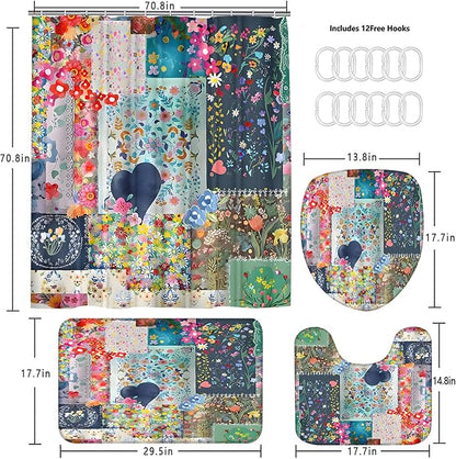 4-Piece Boho Floral Shower Curtain Bohemian Wildflower Design Bathroom Set with Shower Curtain and Rugs, Cute Fun Decorative Bath Set with Hooks for Home Decor