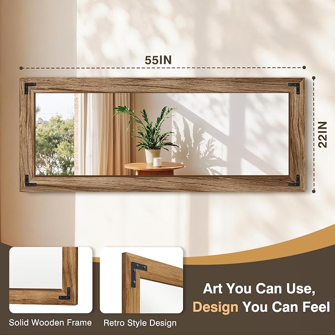 FICTOR Full Length Mirror, 22" x 55" Wooden Floor Mirror for Wall | Solid Wood Frame, Rustic Farmhouse Style, Shatterproof Glass, for Bedroom, Living Room, Entryway Decor, Leaning/Hanging