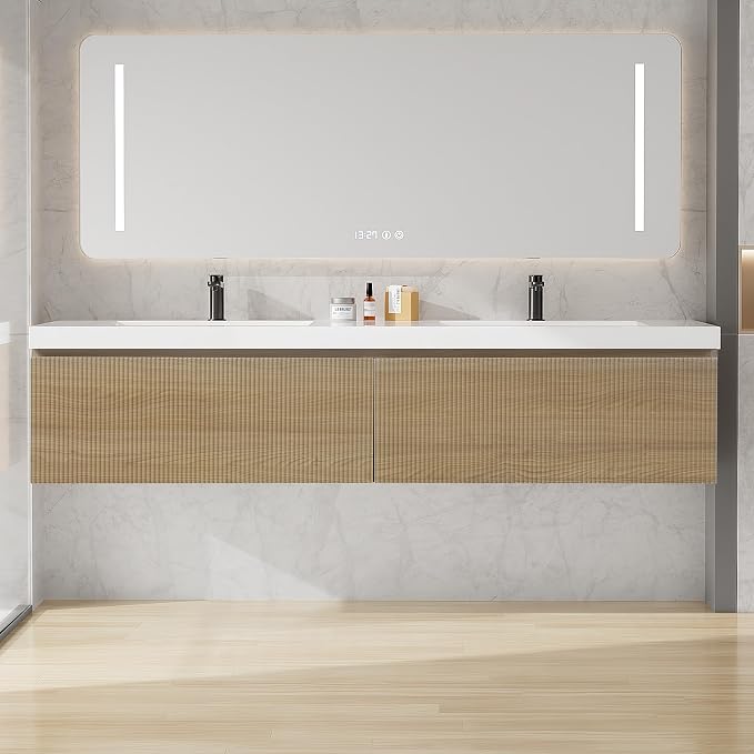 72 Inch Floating Bathroom Vanity with Double Sink, Modern Oak Wall Mounted Floating Vanity with Glossy Resin Sink and 2 Soft Closing Drawers, Fully Pre Assembled Bathroom Vanity, Natural Oak