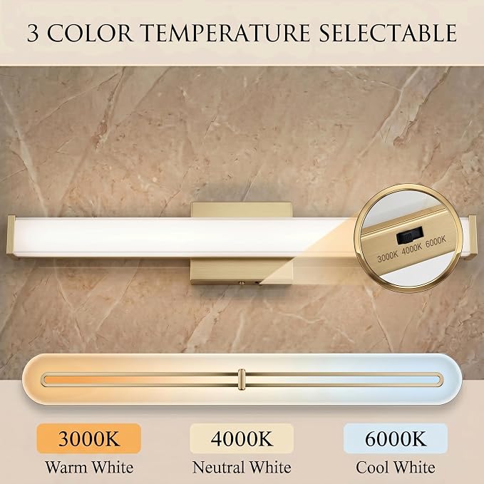 URSOLA 24" Modern LED Bathroom Light Fixtures, Golden 3CCT Dimmable Bathroom Vanity Light Over Mirror, Bathroom Vanity Bath Bar Lights with Double Layer Acrylic Shade