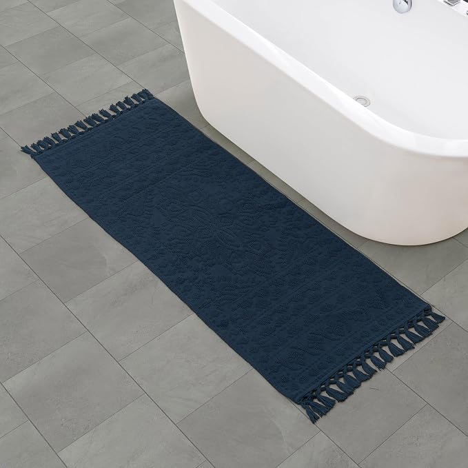 French Connection Nellore Bath Rugs, Woven and Beaded Bath Mats, Durable and Thick Bath Mats for Bathroom and Shower Rugs, 24" x 64", Navy