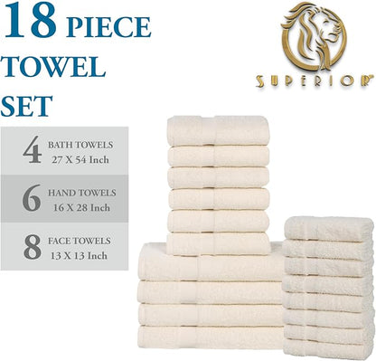 SUPERIOR 18-Piece Cotton Assorted Towel Set, Includes 8 Face Towel, 6 Hand, and 4 Bath Towels, Home, Bathroom, Guest Bath Essentials, Quick Dry, Absorbent, Franklin Collection - Ivory