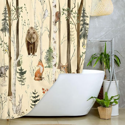 JAWO Rustic Forest Shower Curtain, Lodge Cabin Woodsy RV Wildlife Animals Woodland Campers Camping Bathroom Set with Hooks, 72X84 Inch, Yellow