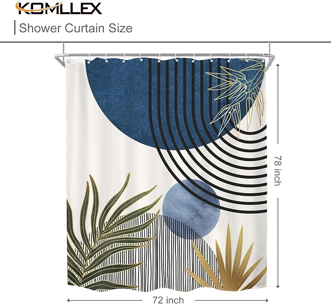Mid Century Blue Green Boho Abstract Modern Bathroom Shower Curtain Set | 72Wx78H Sun Arch design, waterproof HD print with fast-drying fabric and 12 hooks.