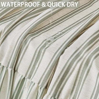 ORTIGIA Linen Textured Ruffle Shower Curtain 72x72 Inch with Metal Hooks, Vintage Cream-Green Waterproof Bath Curtain for Rustic Farmhouse Bathroom Decor