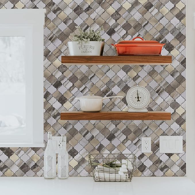 STICKGOO Arabesque Peel and Stick Backsplash Tile, Stick on Backsplash for Kitchen and Bathroom, Gold Wood Grain Marble Look PVC Mixed Metal Aluminum Mosaic Tiles(10 Sheets)