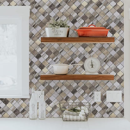 STICKGOO Arabesque Peel and Stick Backsplash Tile, Stick on Backsplash for Kitchen and Bathroom, Gold Wood Grain Marble Look PVC Mixed Metal Aluminum Mosaic Tiles(10 Sheets)