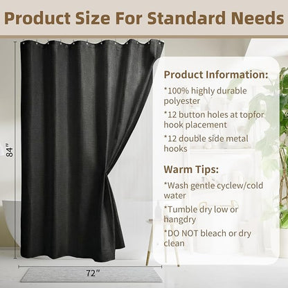 Siiluminisoy Shower Curtain and Liner Set, Waffle Shower Curtain Set with 12 Stainless Steel Hooks, Waterproof Luxury Fabric Shower Curtains for Bathroom and Hotel, Black, 72" W x 84" H