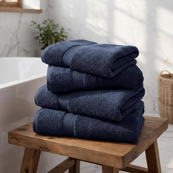 Superior Egyptian Cotton Plush & Absorbent, Bath Towel Set of 4, Navy Blue | Quick Dry, Soft Luxury Towel Set, Bath Essentials for Bathroom, Guest Bath, Spa, 4 Piece Bath, Madeline Towels