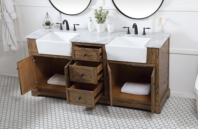 72" Pre-Assembled Bathroom Vanity with Sink, Solid Birch and MDF, Carrara White Marble Countertop Attached, Double Rectangle Porcelain Sink, 3 Soft-Close Drawers, Driftwood